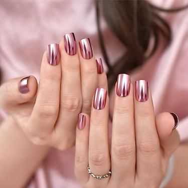 Imagem de Pregos postiços quadrados curtos rosa metálico unhas postiças unhas falsas unhas falsas kits de manicure