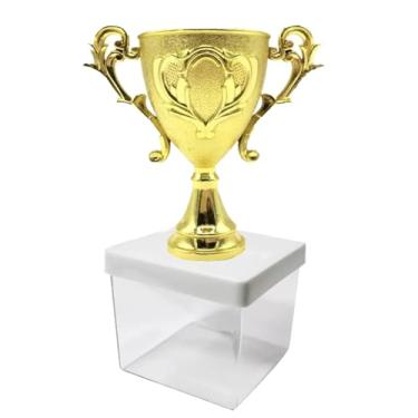 Imagem de Kit Lembrancinha Tema Futebol: Caixinha Acrílica Quadrada + Mini Troféu Dourado Festa Campeão (10 Troféu 10 Caixa 6x6 Tampa Branca)
