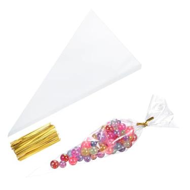 Imagem de 100 sacos de petiscos de 12,7 cm de comprimento com laços dourados torcidos sacos de presente em forma de cone OPP material para embalagem de biscoitos, presentes, lembrancinhas, produtos, doces