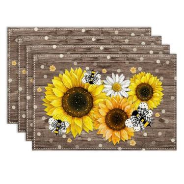 Imagem de Conjunto de 4 jogos americanos de girassol, 30,5 x 45,7 cm, abelhas fofas, rústica, prancha, retrô, sazonal, floral, campo, fazenda, resistente ao calor, para jantar, cozinha, festa de aniversário