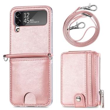 Imagem de Capa carteira retrô de couro PU com compartimento para cartão crossbody colar capas de corrente para Samsung Galaxy Z Flip 5 ZFlip 4 ZFlip5 capa, rosa, para Samsung Z Flip 4