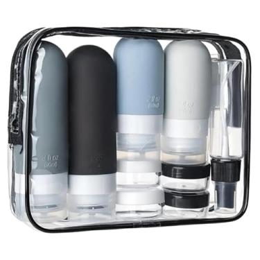 Imagem de Kit Frascos Reutilizáveis com Necessaire para Viagem – Silicone Macio, à Prova de Vazamentos, Ideal para Cosméticos, Cremes, Shampoo, Loções e Viagens Aéreas. (Preto)