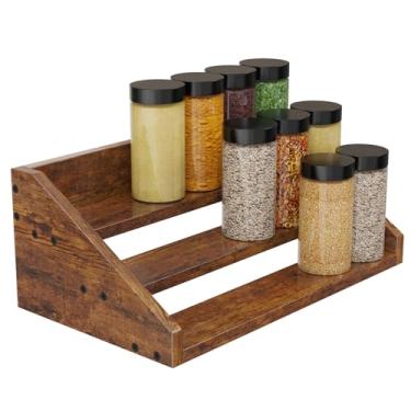 Imagem de Organizador de temperos de madeira de 3 níveis para armário, organizador de temperos de prateleira de elevação superresistente para armário de despensa de bancada, suporte de armazenamento retrô para