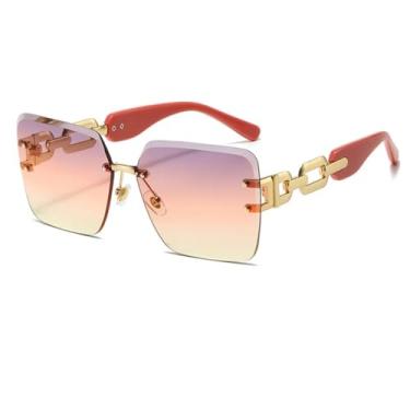 Imagem de HCPIHF Óculos de sol sem armação com corrente retrô UV400, óculos de sol gradiente para mulheres e homens, estilo punk moderno (dourado, roxo e amarelo)