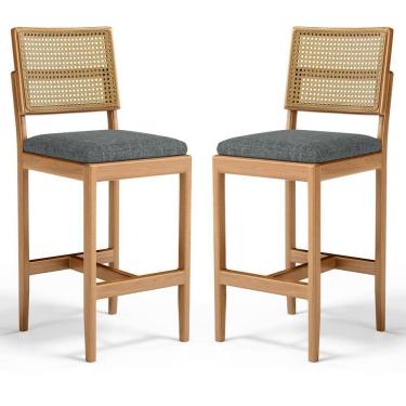 Imagem de Kit Com 2 Banqueta Milena Madeira Maciça Assento Estofado Encosto De Tela Palha Sextavada Linho Chumbo 406