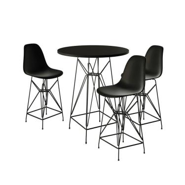 Imagem de Jogo Mesa Bistrô Eames Eiffel Preta 60Cm 3 Banquetas Preta Base Ferro Preto - Cor: Preto