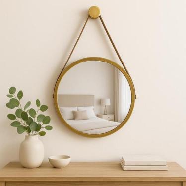 Imagem de Espelho Redondo Decorativo Suspenso Com Alça 60cm Suporte Dourado Alça