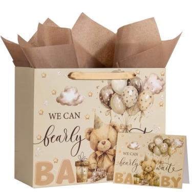 Imagem de WRAPAHOLIC Sacos de presente de aniversário para chá de bebê de urso de 33 cm com papel de seda e cartão - Sacos de papel de urso de pelúcia marrom para crianças, meninos, meninas, festa de