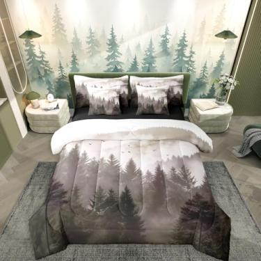 Imagem de Erosebridal Conjunto de cama solteiro com floresta esfumaçada verde, natureza, montanha, 7 peças, para decoração de quarto rústico, para crianças, meninos, meninas, adolescentes, homens, lençol com