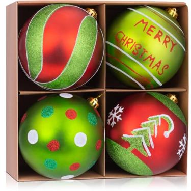 Imagem de Enfeites de bola de Natal grandes vermelhos e verdes de 15 cm, pacote com 4 – Lâmpadas penduradas à mão luxuosas à prova de estilhaçamento para árvore de Natal, guirlanda, decorações de festas de fim