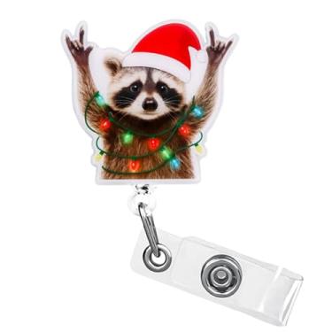 Imagem de Carretel de crachá de guaxinim engraçado porta-crachás retráteis de Natal para carregar luzes de Natal clipe de crachá de enfermeira com clipe de jacaré giratório de 360° acessórios para crachá para