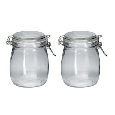 Imagem de Jogo 2 Potes Hermético Vidro Redondo Com Super Trava 830ml