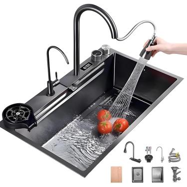 Imagem de Pia De Cozinha Inteligente Com Display De Temperatura Pia De Estação De Trabalho De Aço Inoxidável Com Lavadora De Copos Tigela única Nano-revestida Com Cascatas Duplas, Black-gray-3, 65x50cm