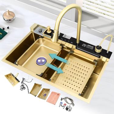 Imagem de Pia De Cozinha Inteligente Com Display De Temperatura Pia De Estação De Trabalho De Aço Inoxidável Com Lavadora De Copos Tigela única Nano-revestida Com Cascatas Duplas, Glod, 68cm