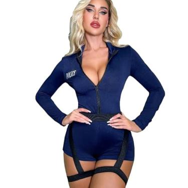 Imagem de YOMORIO Fantasia feminina sexy de polícia com zíper frontal e manga comprida para cosplay