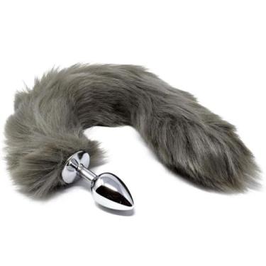 Imagem de Plug Anal Premium com Cauda de Raposa, Metal Inox, Cinza Escuro, Tamanho Pequeno, Acessório Adulto