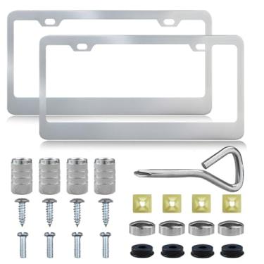 Imagem de DUSCOKE 2 molduras de placa de carro de aço inoxidável - moldura universal à prova de ferrugem com arruelas e tampas de parafusos para matrículas dianteiras e traseiras, capa de suporte de placa de