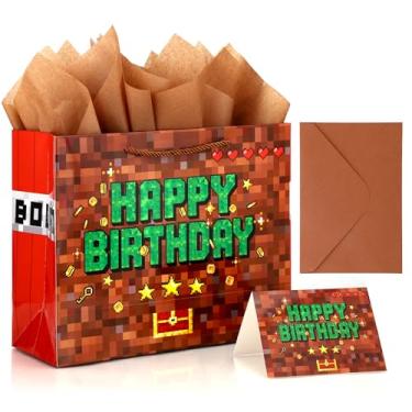 Imagem de Conjunto Sacolas Lembrancinhas Pixel Party, Sacolas Presente Videogame com Cartão Felicitações Envelope e Papel Seda Sacola Lembrancinhas Pixel para Festa Aniversário Infantil Temática