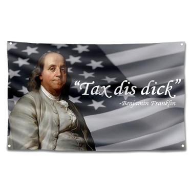 Imagem de FULAISMGS Tax This Dic Flag Benjamin Franklin Bandeiras engraçadas para tapeçarias de quarto para dormitório universitário 9 x 1,5 m (fundo da bandeira americana)