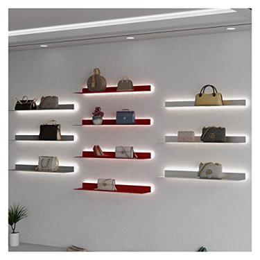 Imagem de Prateleiras flutuantes de parede com luz quente de LED: vermelho/cinza/prata, prateleiras emissoras de luz montadas na parede arte de ferro, suporte de exibição iluminado de metal para uso em várias