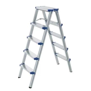 Imagem de Escada de 2/3/5 degraus, banco dobrável para adultos, com pedal branco antiderrapante largo, escadas de metal multiuso, com capacidade de carga de 150 kg para casa e cozinha, azul (tamanho: 5 degraus