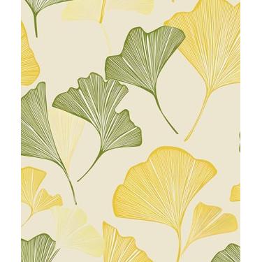 Imagem de Papel de parede Gingko para descascar e colar, papel de contato com folhas amarelas/verdes, papel de parede vintage de folhas botânicas de outono 44,5 cm x 299,7 cm autoadesivo removível à prova