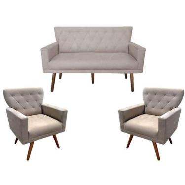Imagem de Kit Namoradeira + 2 Poltronas Decorativa Aurora Suede Bege Pés Madeira