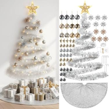 Imagem de HyDren 91 peças de árvore de Natal DIY para pendurar na parede com luzes, inclui guirlanda de Natal de 1,8 m, enfeite de bola, cana-de-doce, purpurina, flores de poinsétia para decoração de casa