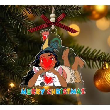 Imagem de Enfeite de acrílico de Natal com desenho de menina da ilha com porco e galo, decoração de férias, presente de desenho animado estilo Moana para crianças, meninos, meninas, fãs (com laço vermelho e
