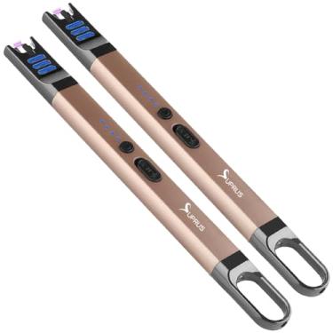 Imagem de SUPRUS Isqueiro elétrico de vela à prova de vento recarregável USB sem chamas com luz LED para acampamento e churrasco (dourado, 2 unidades)