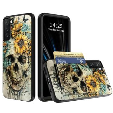Imagem de BWEGRHE Capa carteira de caveira de girassol para Samsung Galaxy S25 FE com porta-cartões oculto, compartimento rígido híbrido de camada dupla para cartão de identificação, capa de borracha macia para