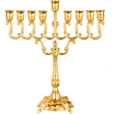 Imagem de Castiçal de menorá de Hanukkah banhado a ouro com 9 ramos - decoração de feriado judaico, mesa de sábado central, estilo templo de Jerusalém, decoração de casa e escritório
