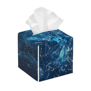 Imagem de Capa quadrada de couro para caixa de lenços de papel, impermeável, mapa-múndi galáxia, azul, organizador de papel facial com cinto inferior, estojo de lenços para mesa, banheiro, escritório, mesa