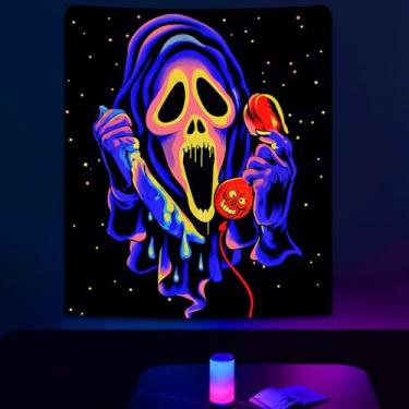 Imagem de SparkLia Tapeçaria reativa UV de caveira de terror com luz negra - neon que brilha no escuro para pendurar na parede para quarto e sala de estar, perfeita para cenários de festa - 150 x 203 cm