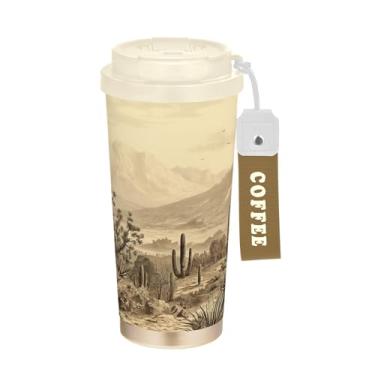 Imagem de SEHANY Caneca de viagem vintage caubói ocidental 482 g xícaras de café reutilizáveis revestidas de cerâmica com tampa à prova de vazamento, parede dupla, isolamento a vácuo, copo de café de aço