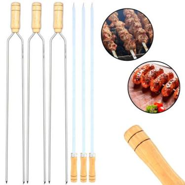 Imagem de Kit 6 Espetos Reforçados Duplo Simples Espada Cabo Madeira Suporte Pre