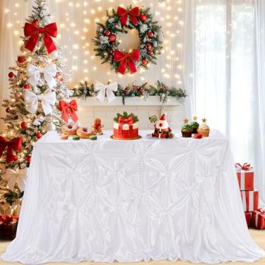 Imagem de SoarDream Toalha de mesa de cetim branco DIY decoração: 228 x 228 cm toalha de mesa retangular macia de seda brilhante com laços e pérolas - decoração de banquete de festa de aniversário de casamento