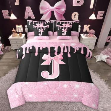 Imagem de Feelyou Conjunto de edredom com laço rosa com 7 peças, Queen, iniciais, presente para mulheres, meninas, personalizado, letra J, cama em uma bolsa, monograma, decoração de quarto, glitter, diamante