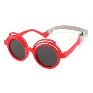 Imagem de Óculos de sol redondos para bebês, óculos de sol flexíveis de borracha com alça para bebês recém-nascidos de 0 a 24 meses, Armação vermelha | Lente cinza