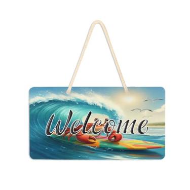Imagem de Burbuja Placa de boas-vindas de caranguejo em uma prancha de surfe para porta da frente, placa de boas-vindas de PVC para decoração de férias, 15 x 28 cm