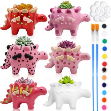 Imagem de Pasimy Conjunto de 6 vasos de cerâmica para pintar, faça você mesmo, vasos de suculentas, pinte seus próprios vasos de flores, kit de artesanato bisque sem pintura com paleta de pincéis, presentes de