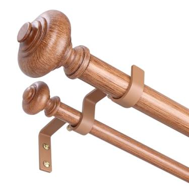 Imagem de Varões de cortina duplos de madeira para janelas de 166 a 304,8 cm, varão de cortina duplo longo ajustável Boho vintage decorativo de 2,5 cm, varão de cortina dupla resistente com acabamento de