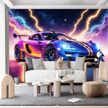 Imagem de Murais de parede de tamanho personalizado, carro esportivo Cyberpunk neon rodas brilhantes céu estrelado tecido de parede autoadesivo (sem PVC) papel de parede grande removível para sala de estar