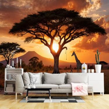 Imagem de Murais de parede de tamanho personalizado, savana africana pôr do sol acácia girafa tecido de parede autoadesivo (sem PVC) papel de parede grande removível para sala de estar, quarto, escritório