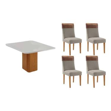 Imagem de Sala Jantar Mesa Maldivas Tampo c/ Vidro Curvo 90cm+4 Cadeiras Jaspe Madeira Naturale/Off White - Capuccino/Suede Capuccino - Rufato