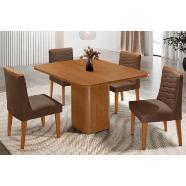 Imagem de Sala Jantar Mesa Maldivas Tampo Curvo 90cm+4 Cadeiras Maldivas Madeira Naturale - Capuccino/Suede Marrom - Rufato