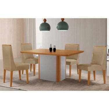 Imagem de Sala Jantar Mesa Pietá Tampo Curvo 120cm+4 Cadeiras Dakota Madeira Naturale/Off White - Capuccino/Linho Bege - Rufato