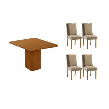 Imagem de Sala Jantar Mesa Maldivas Tampo Curvo 90cm+4 Cadeiras Tilia Madeira Naturale - Capuccino/Suede Creme - Rufato