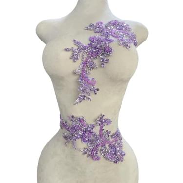 Imagem de Aplique de renda de strass feito à mão, contas costuradas à mão, apliques de lantejoulas para acessórios de roupas de vestido um conjunto/bolsa 14 x 35 cm (roxo claro)
