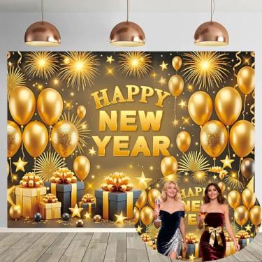 Imagem de Fundo preto dourado feliz ano novo 1,8 x 1,2 m 2026 fundo fotográfico de fogos de artifício caixa de presente balão ano novo decorações de festa suprimentos para fotos